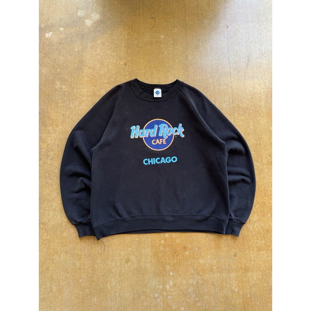VTG 90s 80s Hard Rock Cafe Chicago City Raglan Black Crewneck Sweater (XL)